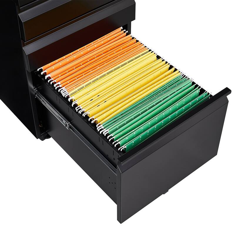 Modern Mobile File Cabinet, Storage Filing Cabinet with Lock, 2 Stationery Drawers and Pencil Tray, for Home Office, Black