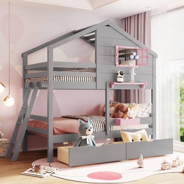 slide 2 of 25, Twin over Twin Solid Wood Bunk Bed Kids Bed with 2 Drawers, 1 Storage Box, 1 Shelf, Window and Roof,Playhouse Style Grey