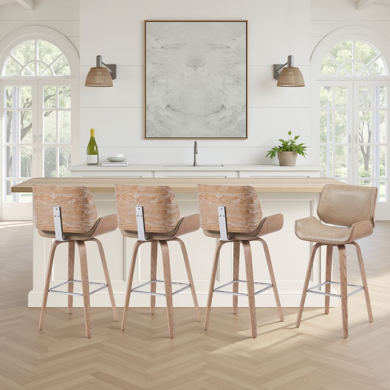 Tyler Mid-Century Swivel Bar Stool, Upholstered Counter Height Chair with Bentwood Legs - Vintage Brown & White Wash - Bar Height - Set of 4