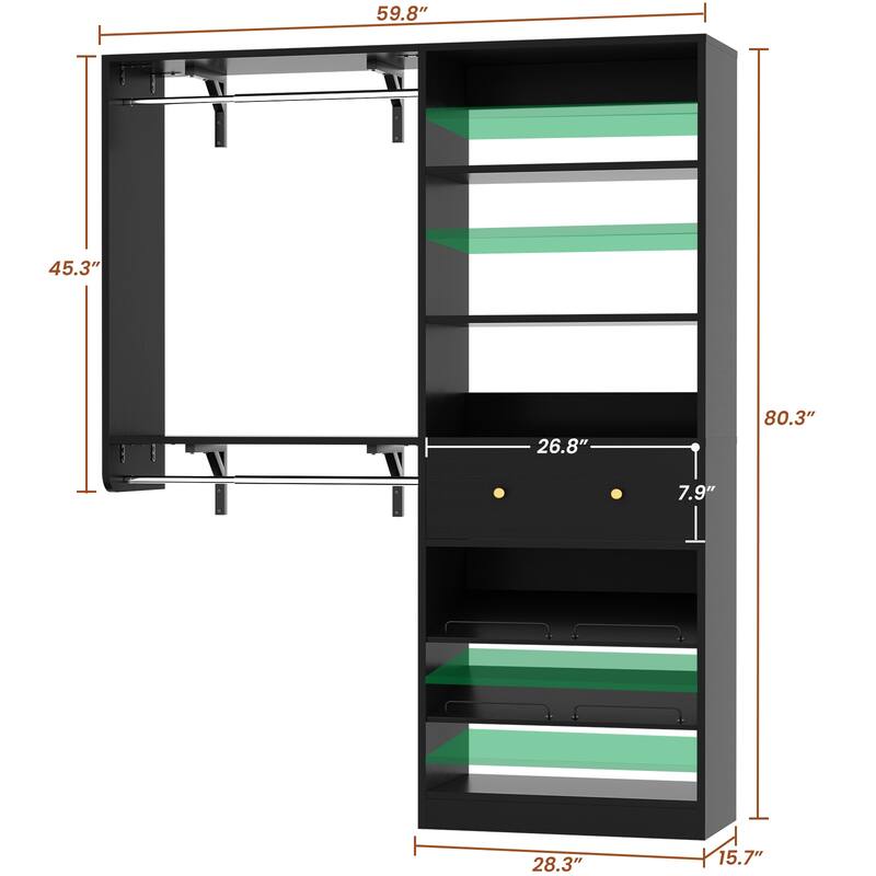 5FT Wood Closet System with 2 Hanging Rods ＆ Adjustable Shelf,Reversible Walk In Closet Organizers with Shoe Rack ＆ Drawer