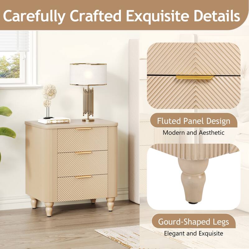 Bedside Table Champagne End Table Side Table with 3 Drawers, Storage Cabinet Corner Table Lamp Table
