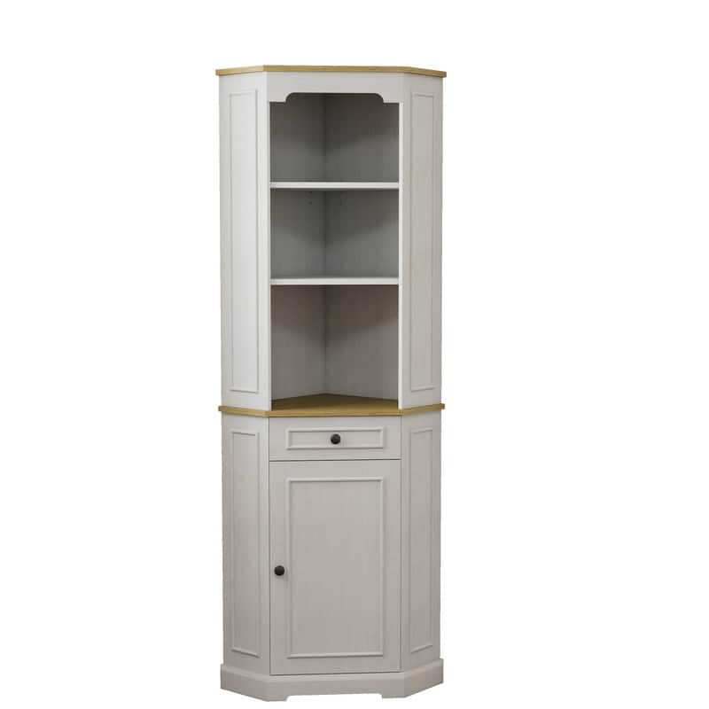 68" Farmhouse Corner Cabinet with Drawer, Freestanding Antique White Storage for Living Room, Kitchen