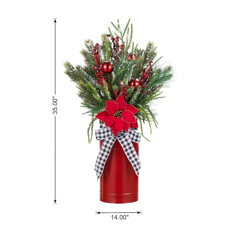 Glitzhome 35"H Christmas Poinsettia Floral Potted Porch Tree Indoor Outdoor Decorations