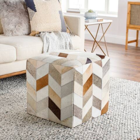 Cattle Range 18-inch Leather Cowhide Cube Pouf Ottoman