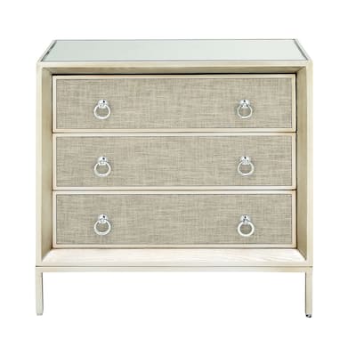 Wooden Upholstered Front Panel 3 Drawer Chest with Mirrored Top and Ring Handles - Beige - Roche River Decor