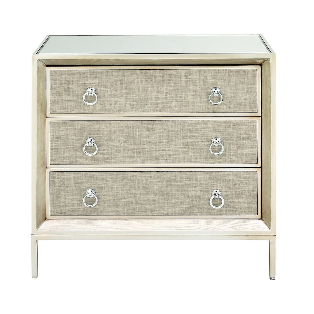 Wooden Upholstered Front Panel 3 Drawer Chest with Mirrored Top and Ring Handles - Beige - Roche River Decor