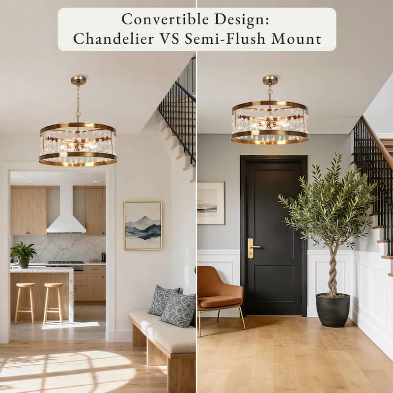 Modern 6-Light Crystal Beaded Drum Chandelier Gold Pendant for Dining Room Kitchen Island - D21.7" x H73.6"