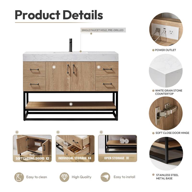 Alistair 48" Single Vanity with White Grain Stone Top without Mirror