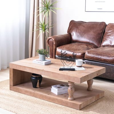 Rustic Farmhouse Wood Coffee Table with Open Shelf for Living Room Style and Storage Options