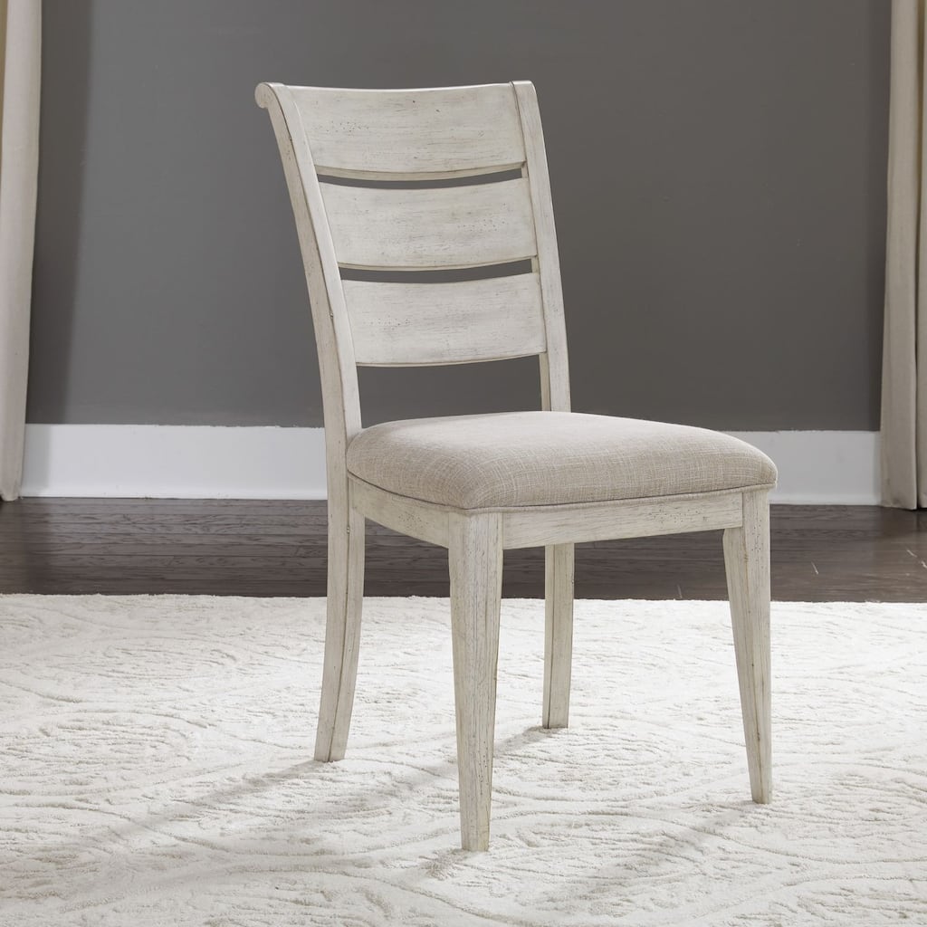 Farmhouse Reimagined Antique White Ladder Back Upholstered Side Chair (Set of 2)