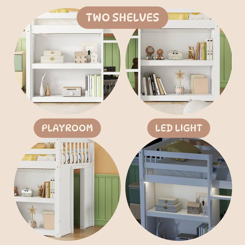 Twin Size Kids Low Loft Bed - Two-Tier Shelves & LED Light - Space-Saving Fun Design