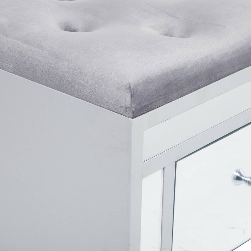 Gray Velvet Mirrored 3 Drawer Room Storage Bench with Upholstered Seat