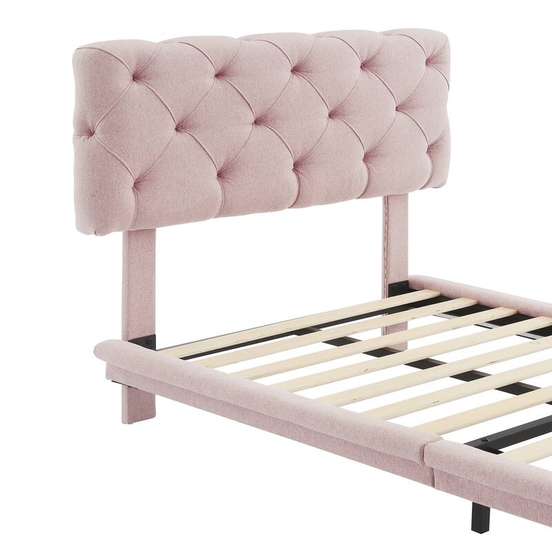 Roomfitters Twin Size Upholstered Bed with Light Stripe, Floating Platform Bed, Linen Fabric
