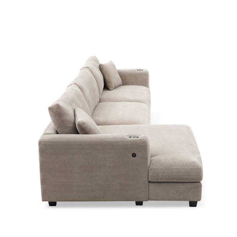 134" Corduroy Sectional Sofa with L-Shaped Cloud Couch and USB Charging & 50" Chaise (330lb Capacity)
