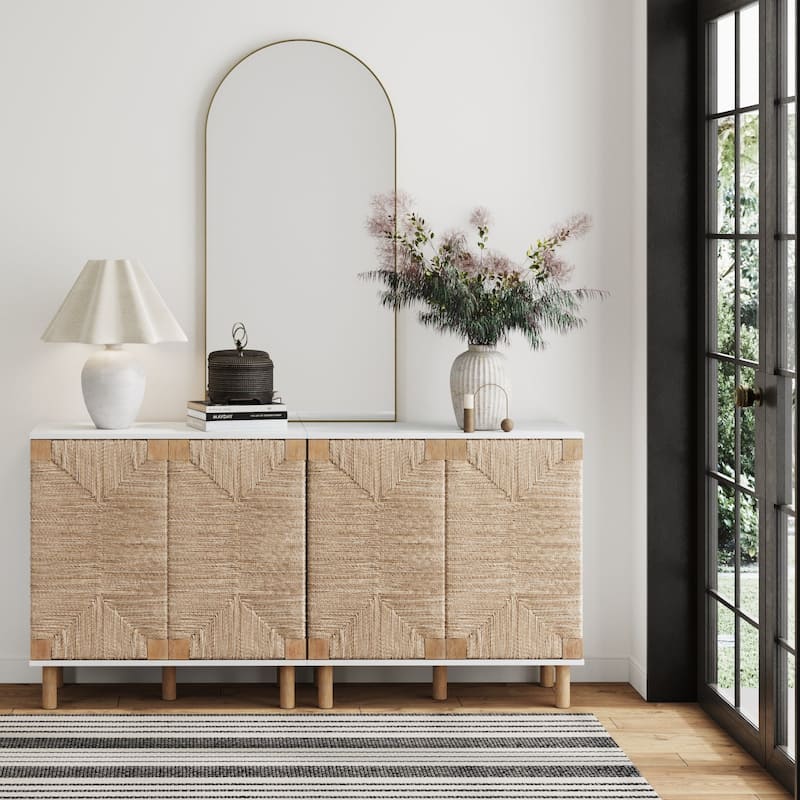 Nathan James Beacon Wood Accent Cabinet with Seagrass Doors and Adjustable Shelf