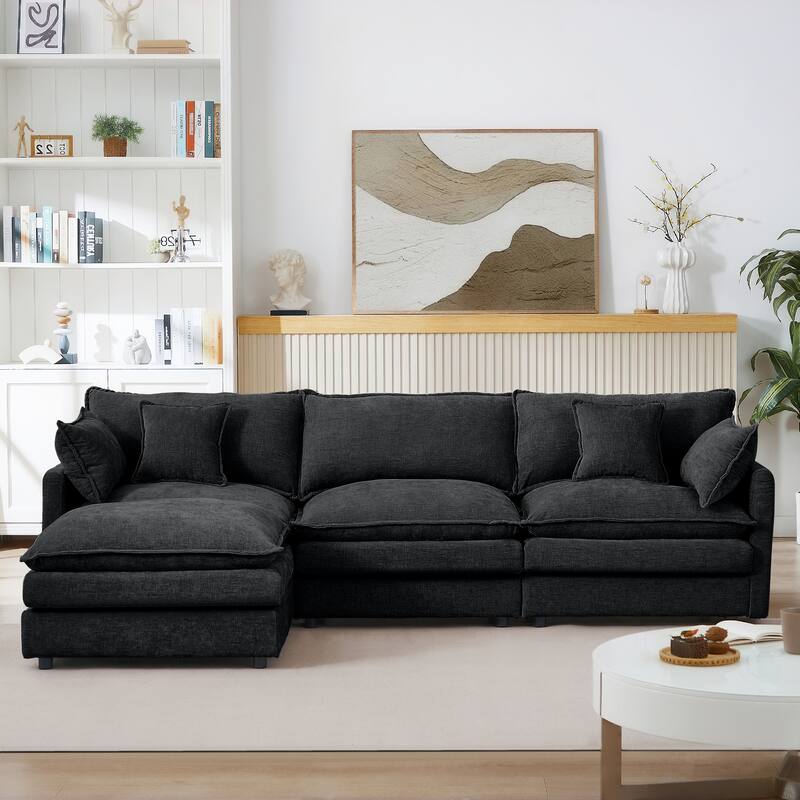 L Shape Modular Sectional Sofa Chenille Upholstered Couch wOttoman - Black