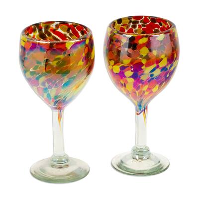 Novica Handmade Bright Confetti Handblown Recycled Glass Wine Glasses (Pair)