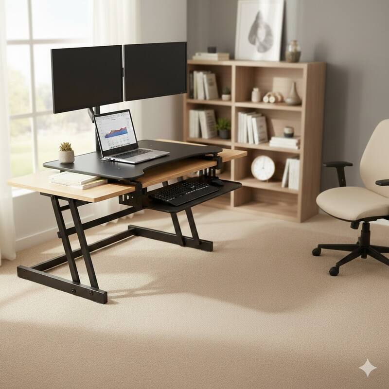 Rocelco 37.5 in. W Black Height Adjustable Standing Desk Converter with Dual Monitor Mount and Double Screen Riser Platform