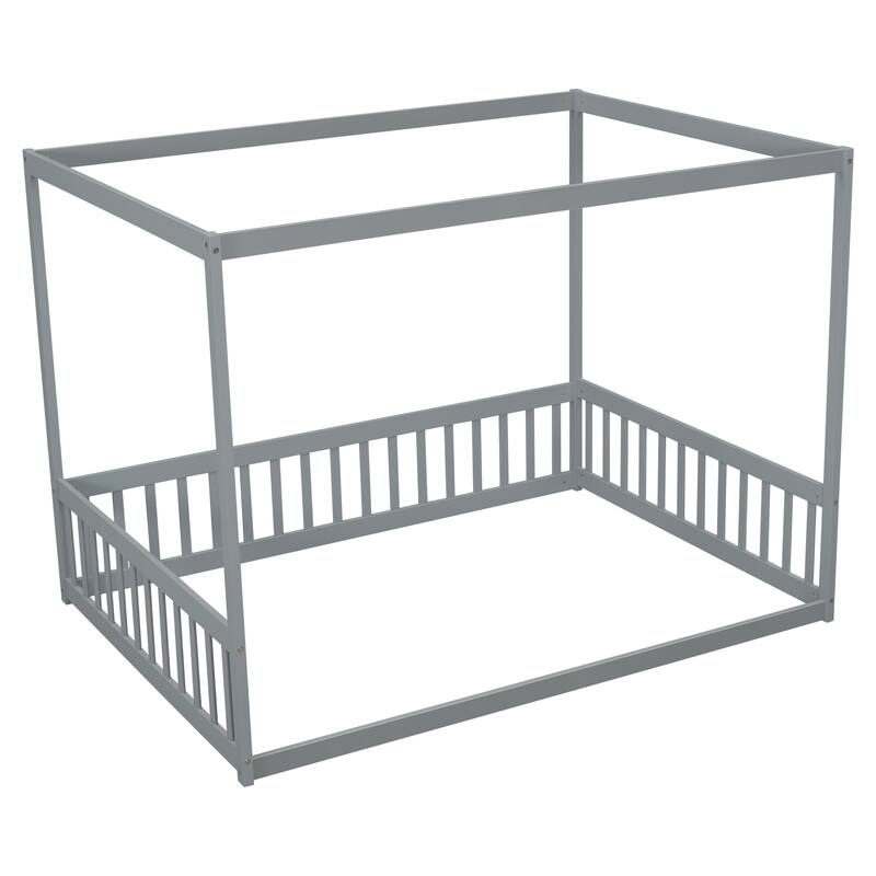 Pine Wood Canopy Frame Floor Bed with Fence and Guardrails for Bedroom
