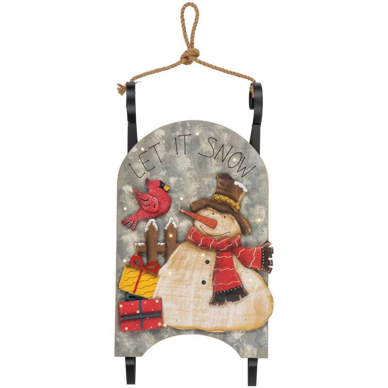 17" LED Lighted Wooden Sled with Snowman and Cardinal Christmas Decoration