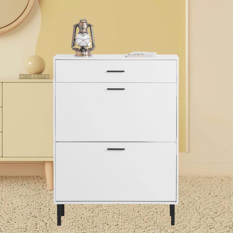 Shoe Storage Rack Storage Cabinet with Adjustable Flip Drawers, Metal Legs, and Space-Saving Design for Hallway, Entryway - White