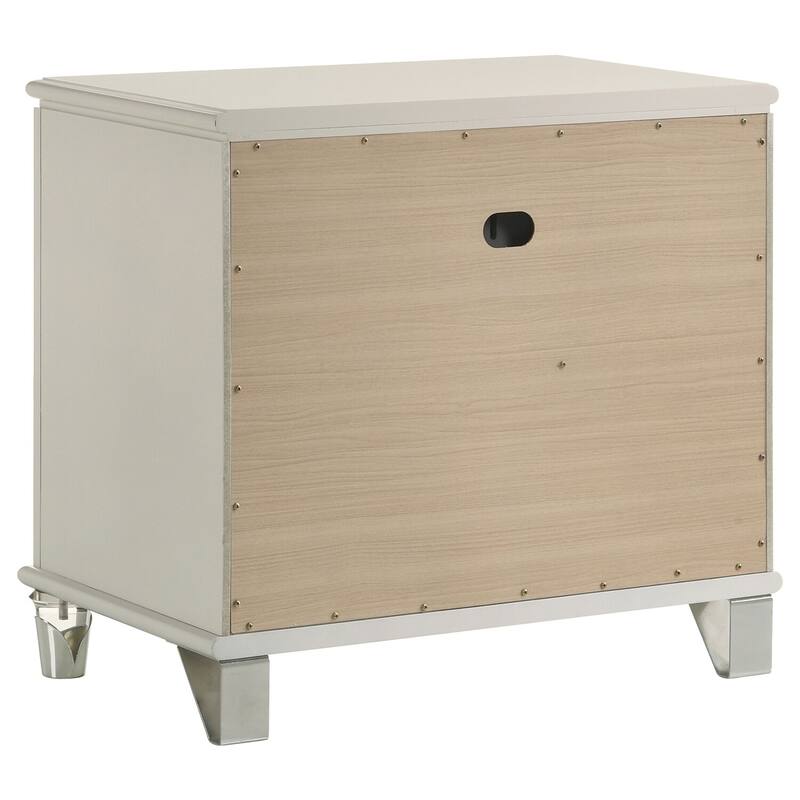 Pearl White 2-Drawer Nightstand with Diamond Star Design, Chrome Pulls, Acrylic Legs and Cord Management