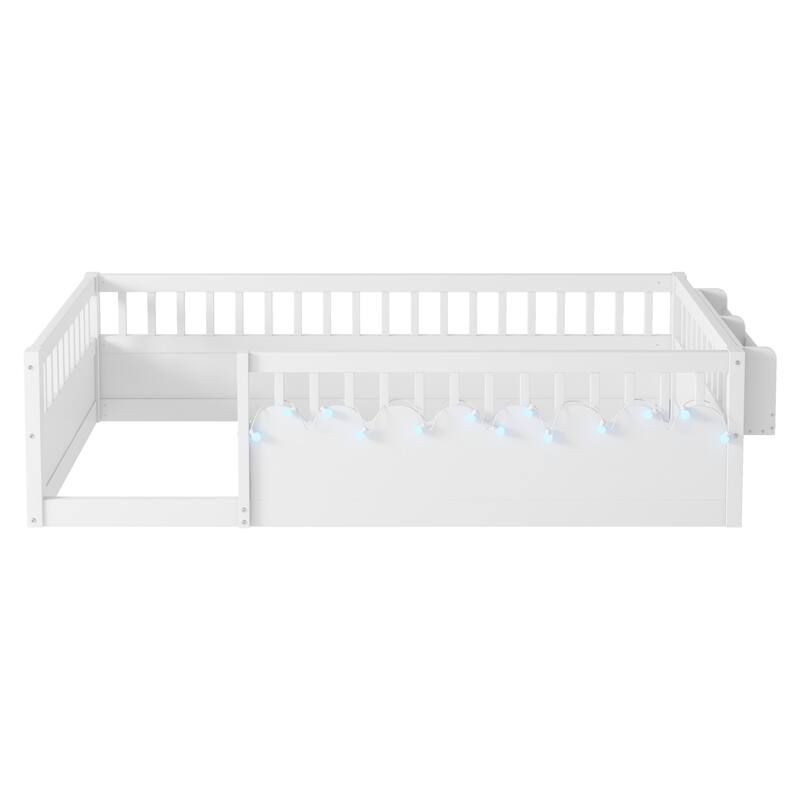 Twin Montessori Floor Bed Frame with High Rails, Wood Kids Floor Beds with Light and Storage Shelf, Natural