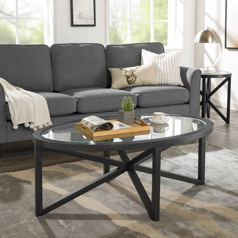 Modern Simple Glass Coffee Table, Tempered Glass Coffee Table Solid Wood Base Round Transparent Glass Top
