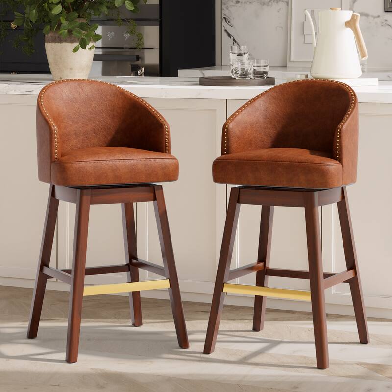 31.9" Height Modern Swivel Bar Stools Upholstered Solid Wood Bar Stools - Set of 2 - Brown
