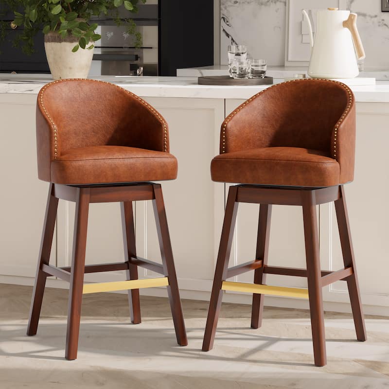 Bar Stools PU Leather / Linen Fabric Upholstered Solid Wood Swivel Barstool Set of 2/4