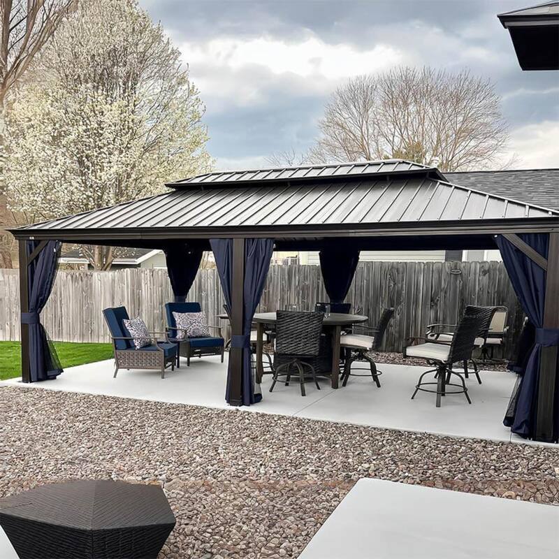 PURPLE LEAF Hardtop Aluminum Gazebo with Curtains and Netting, Double Roof Patio Gazebo