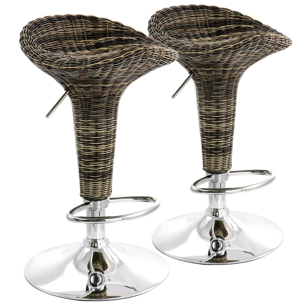 2 Piece Adjustable Saddle Seat Wicker Bar Sool in Brown with Chrome Base