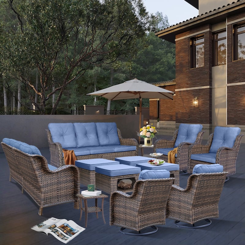 12 Piece Outdoor Wicker Patio Furniture Seating Set with Swivel Chairs