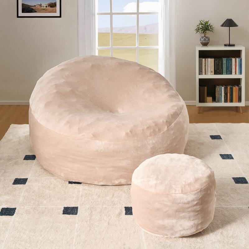 HOOOWOOO Dutch Velvet Fabric Bean Bag Chair with Ottoman - Beige