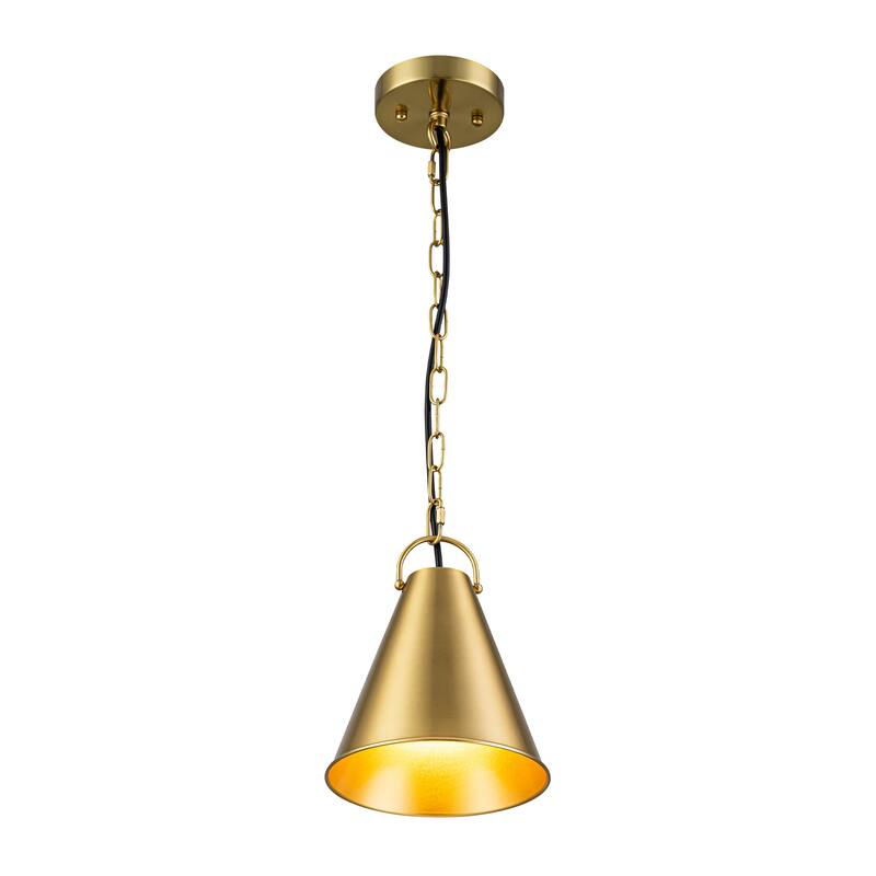 7.3" 1-Light Retro Brass Finish Pendant Light with Cone Shade for use in Bedroom, Kicthen Island