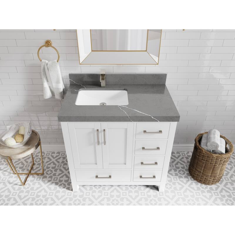 Willow Collections 36 in. W x 22 in. D Malibu Left Offset Sink Bathroom Vanity with Countertop - 2" Piatra Gray - White