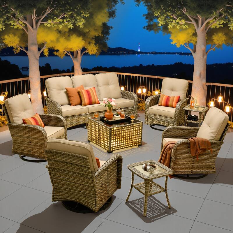 HOOOWOOO 8-piece Patio Wicker Rattan Swivel Rocking Chair Set with Solar-powered Table - Beige