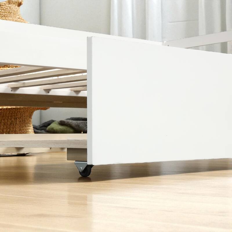 Twin Size Wood Daybed with Trundle, Solid Pine Frame, Guardrails and No Box Spring Required