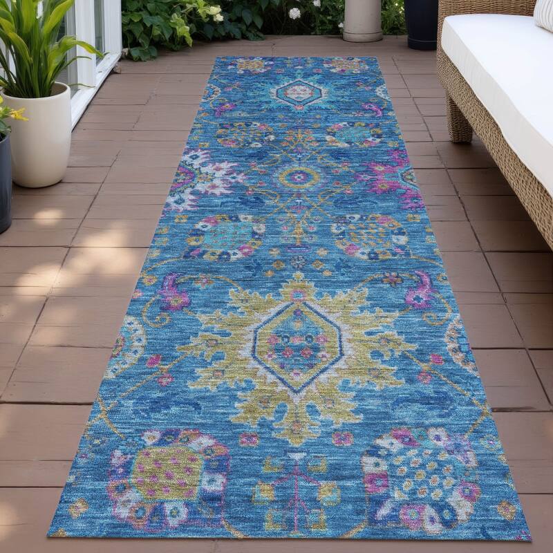 Machine Washable Indoor/Outdoor Boho Traditional Chantille Rug - Blue - 2'3" x 7'6"
