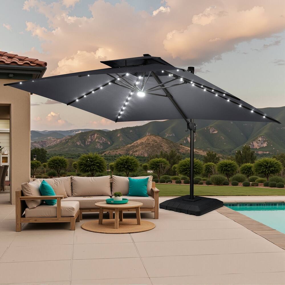 10 FT * 13 FT Outdoor Patio LED Lighted Cantilever Umbrella with 4-Piece Fillable Weighted Base
