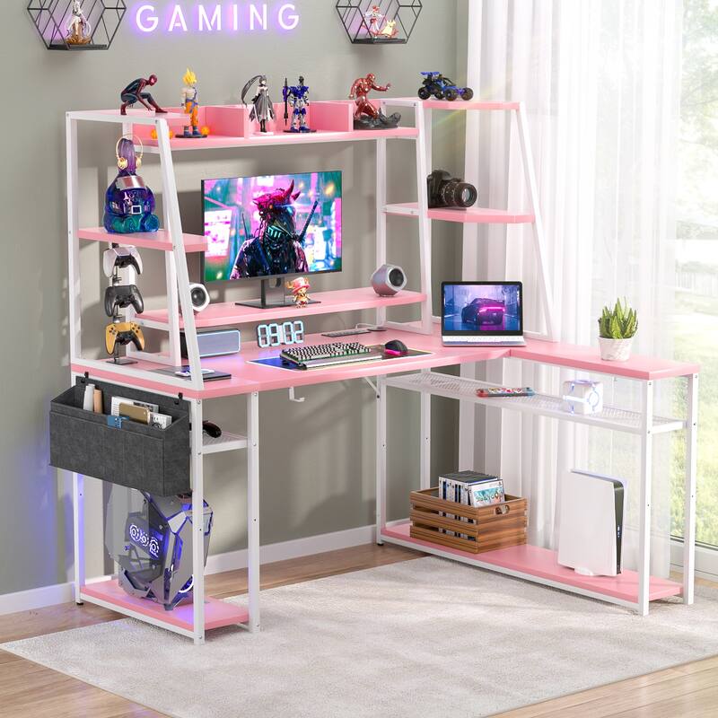 Ultimate L-Shape Gaming Desk with Hutch & Shelves, Reversible Computer Desk with LED Lights & Charging Station
