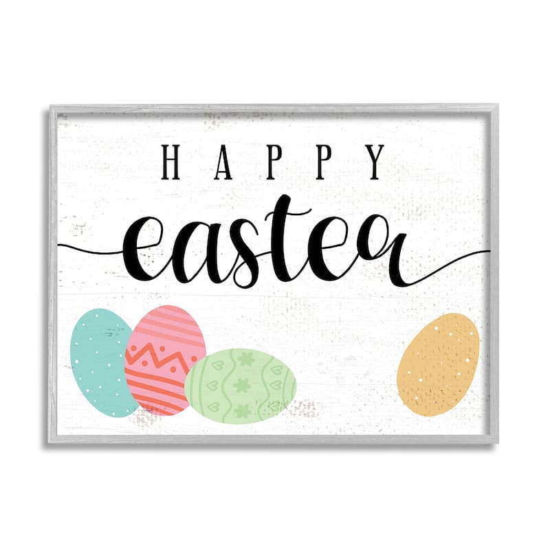 Stupell Happy Easter Greeting Fun Pattern Spring Holiday Eggs Framed Wall Art - White - 20 x 16 - Grey