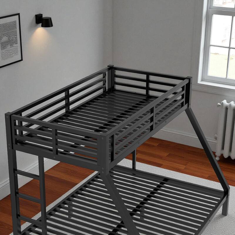Twin XL over Queen Metal Bunk Bed Frame with Dual Ladders, Guardrails, Under-Bed Storage, and Safety Design