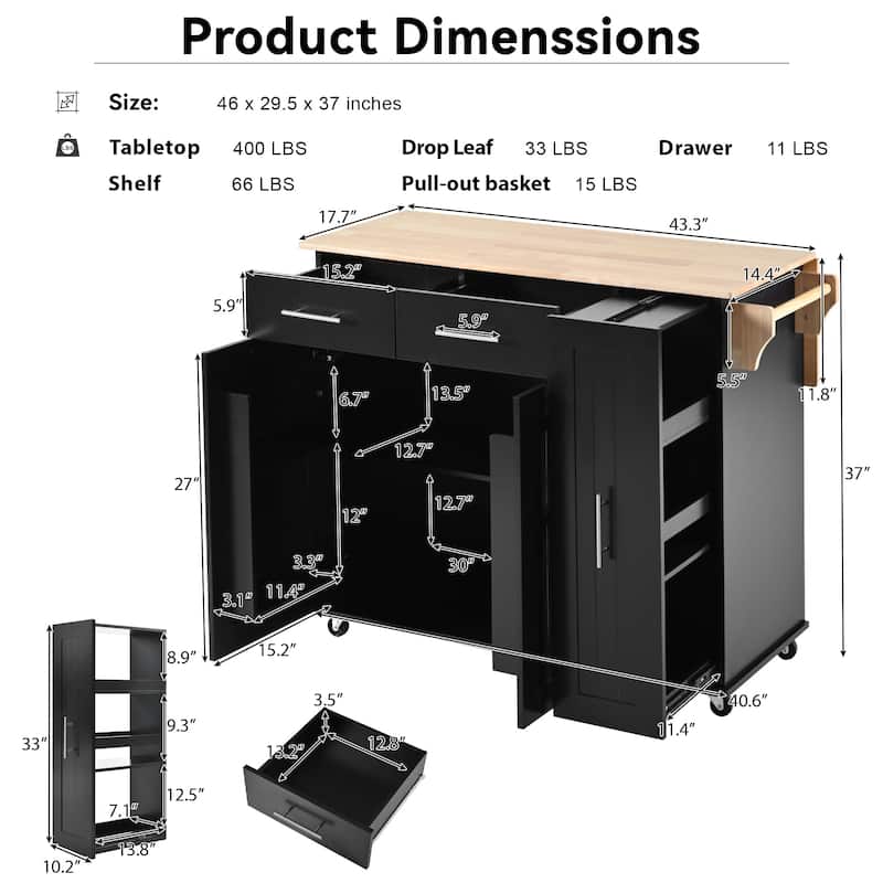 Kitchen Island with Drop Leaf and Internal Storage Rack, Rolling Storage Cart with 3 Tier Pull Out Cabinet Organizer, 2 Drawers