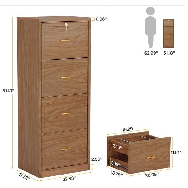dimension image slide 1 of 6, 4 Drawer Wood File Cabinet with Lock for Home Office