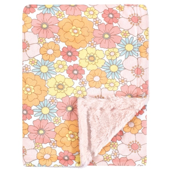 slide 1 of 1, Hudson Baby Girls Plush Blanket with Furry Binding and Back, Peace Love Flowers, One Size - Peace Love Flowers - One Size One Size - Peace Love Flowers