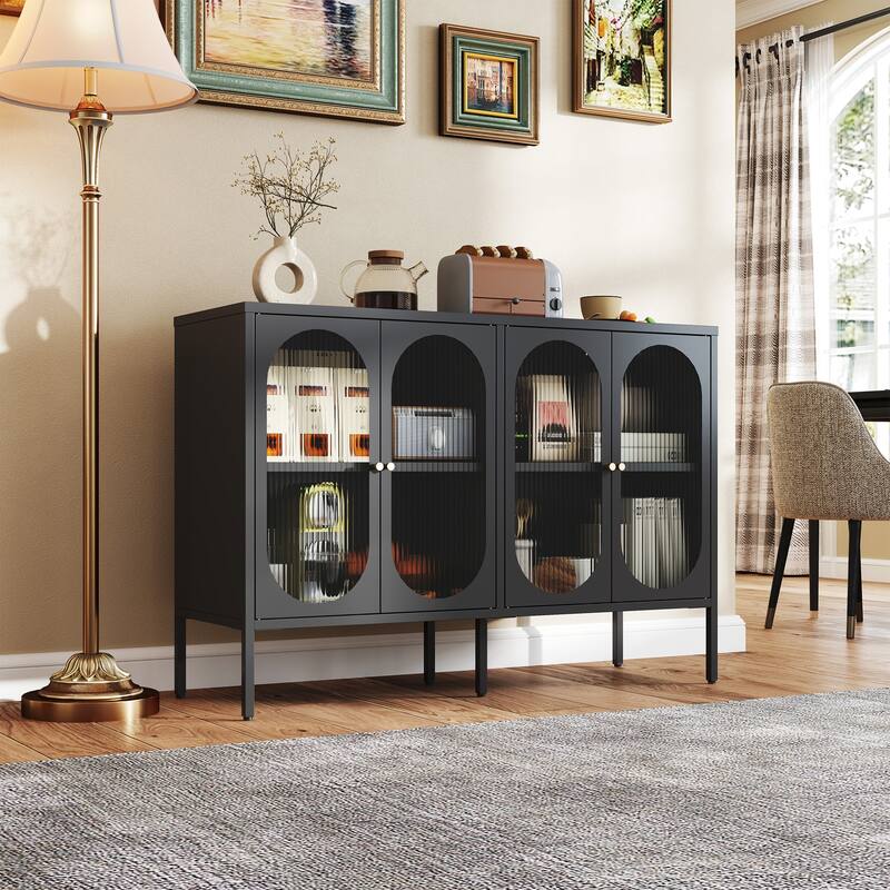Metal Sideboard Cabinet with 4 Glass Door, Steel Locker Sideboard Buffet Cabinet, with 4 Doors, Kitchen Storage Cabinet