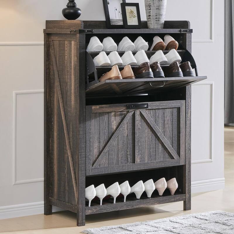 Farmhouse Shoe Storage Cabinet, Shoe Organizer, Shoe Rack Cabinet - Dark Rustic Oak