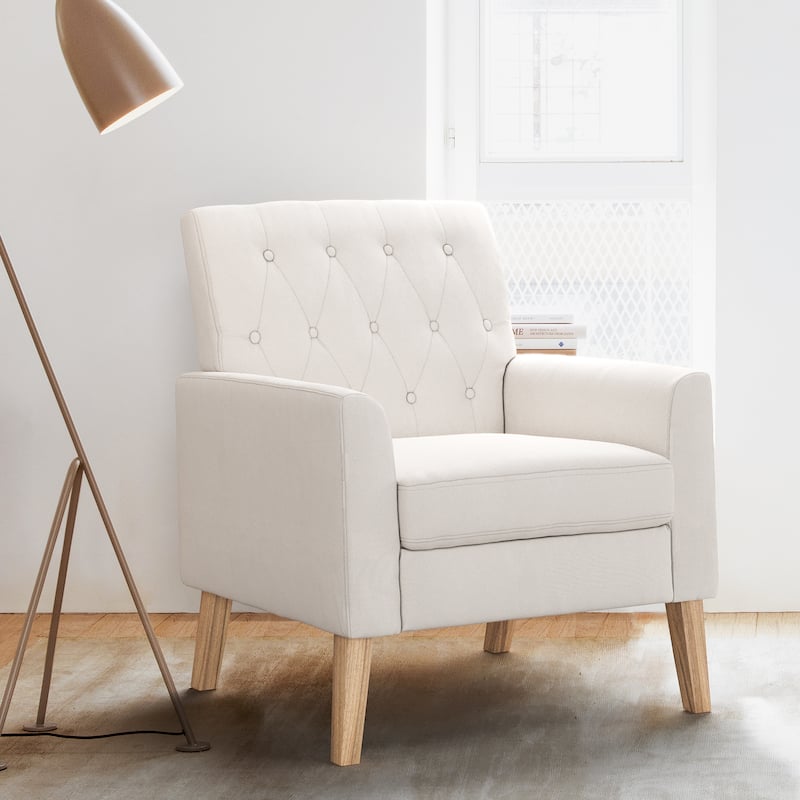 LUE BONA Linen and Walnut Legs Mid Century Modern Button Tufted Accent Chair - 29.53'' H X 30'' W X 33.07'' D - Beige White Linen