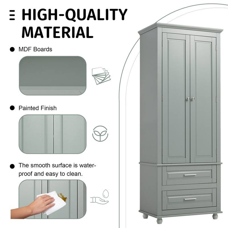 White Tall Kitchen Storage Cabinet with Two Drawers for Bathroom,Office